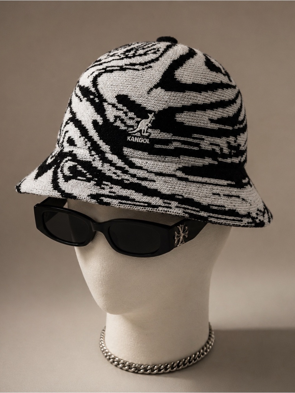 Kangol Black & White Abstract Knit Bucket Hat